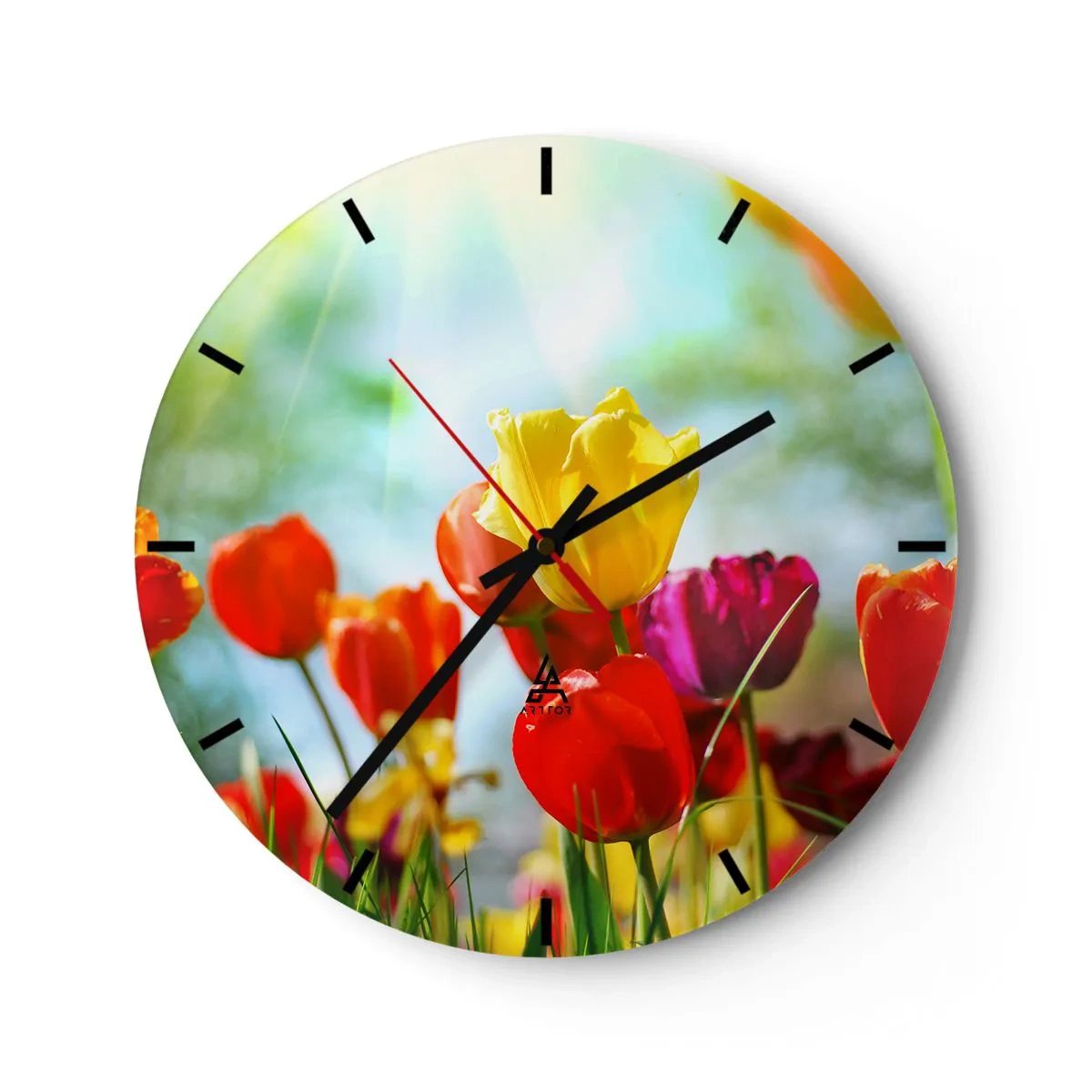 Wanduhr - Glasuhr - Bunte Tulpen, beleuchtet von den Sonnenstrahlen - 30x30cm - Alle Farben der Sonne - Moderne Wanddekoration für Wohnzimmer, Küche und Schlafzimmer ARTTOR