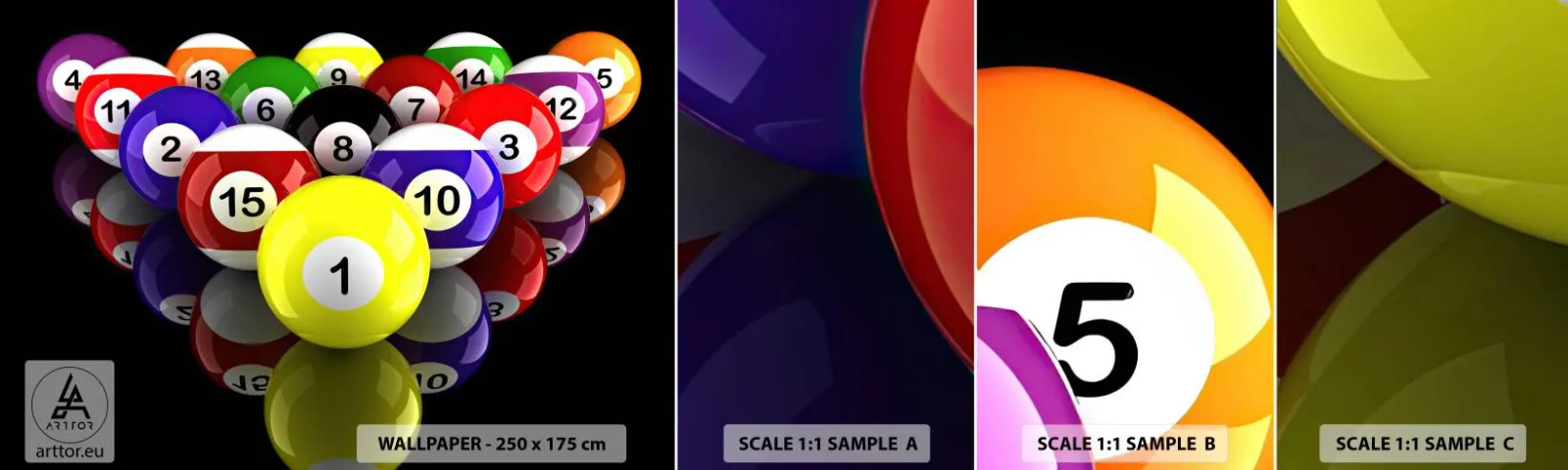 Fototapeten Muster Selbstklebend Deluxe Sticker - Verschiedene Spielfarben - Sport, Billard, Billardkugeln - 100x30 cm