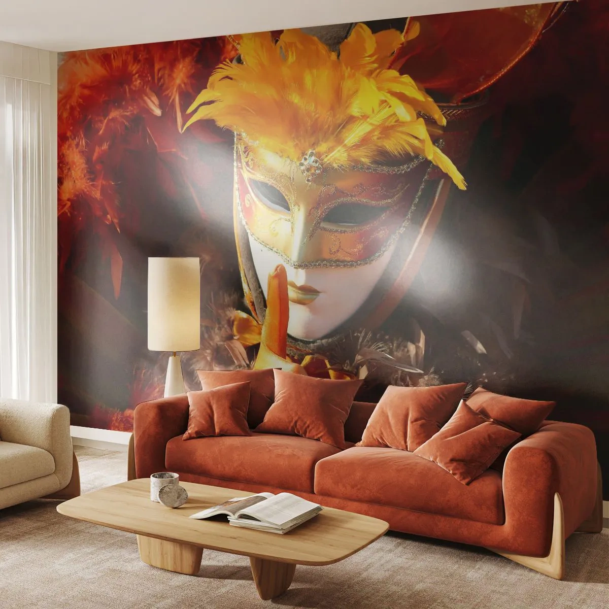 Fototapete Premium Canvas - Geheimnis ist Teil des Spiels - Venezianische Maske, Stück, Venedig - 400x280 cm
