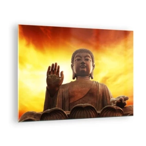 Glasbild - Bild auf glas - Eine Buddha-Statue vor dem Hintergrund eines goldenen Sonnenuntergangs - 70x50cm - Frieden der Welt - Moderne Wanddekoration für Wohnzimmer und Schlafzimmer ARTTOR