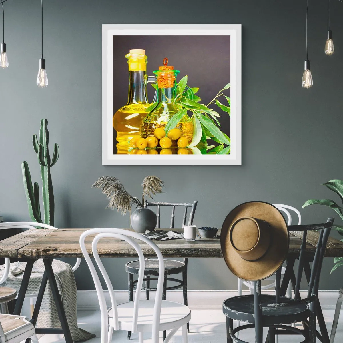 Poster in einem weißen Rahmen - Stillleben mit Oliven und Olivenöl - 40x40 cm