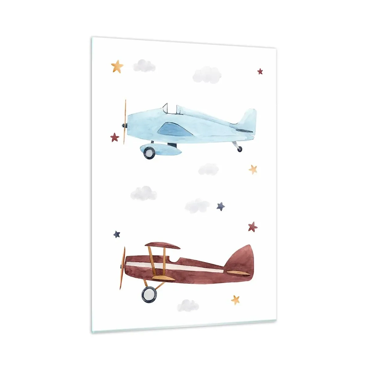 Glasbild - Bild auf glas - Zwei bunte Flugzeuge zwischen Sternen und Wolken - 50x70cm - Wir warten, Herr Pilot! - Moderne Wanddekoration für Wohnzimmer und Schlafzimmer ARTTOR
