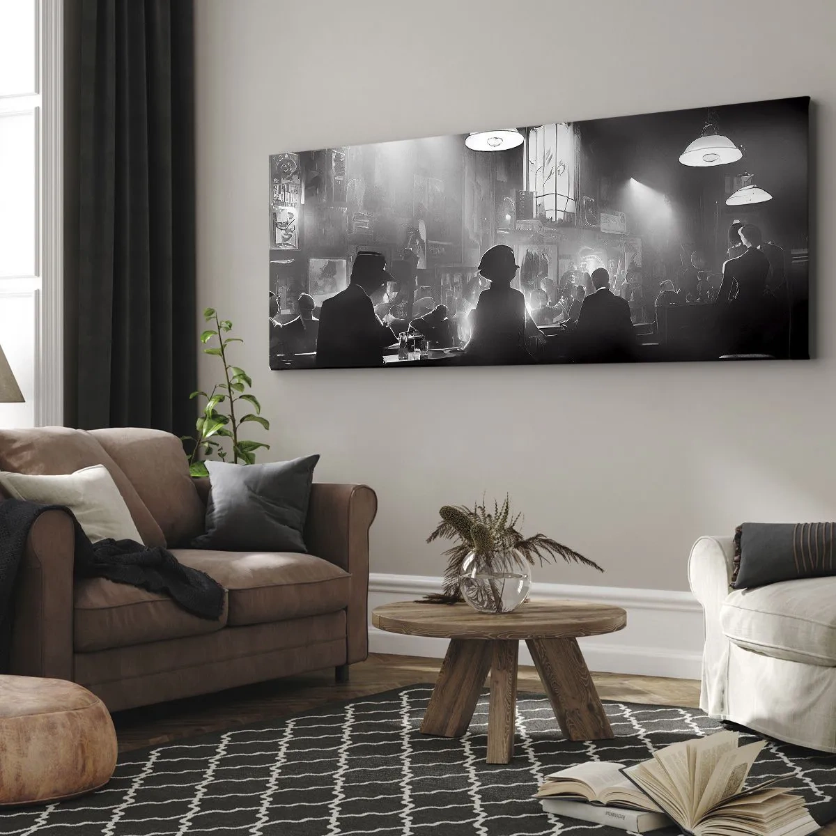 Bild auf Leinwand - Leinwandbild - Schwarz-weiße Jazz-Nachtclubszene - 120x50cm - In Jazz-Atmosphäre - Moderne Wanddekoration für Wohnzimmer und Schlafzimmer ARTTOR
