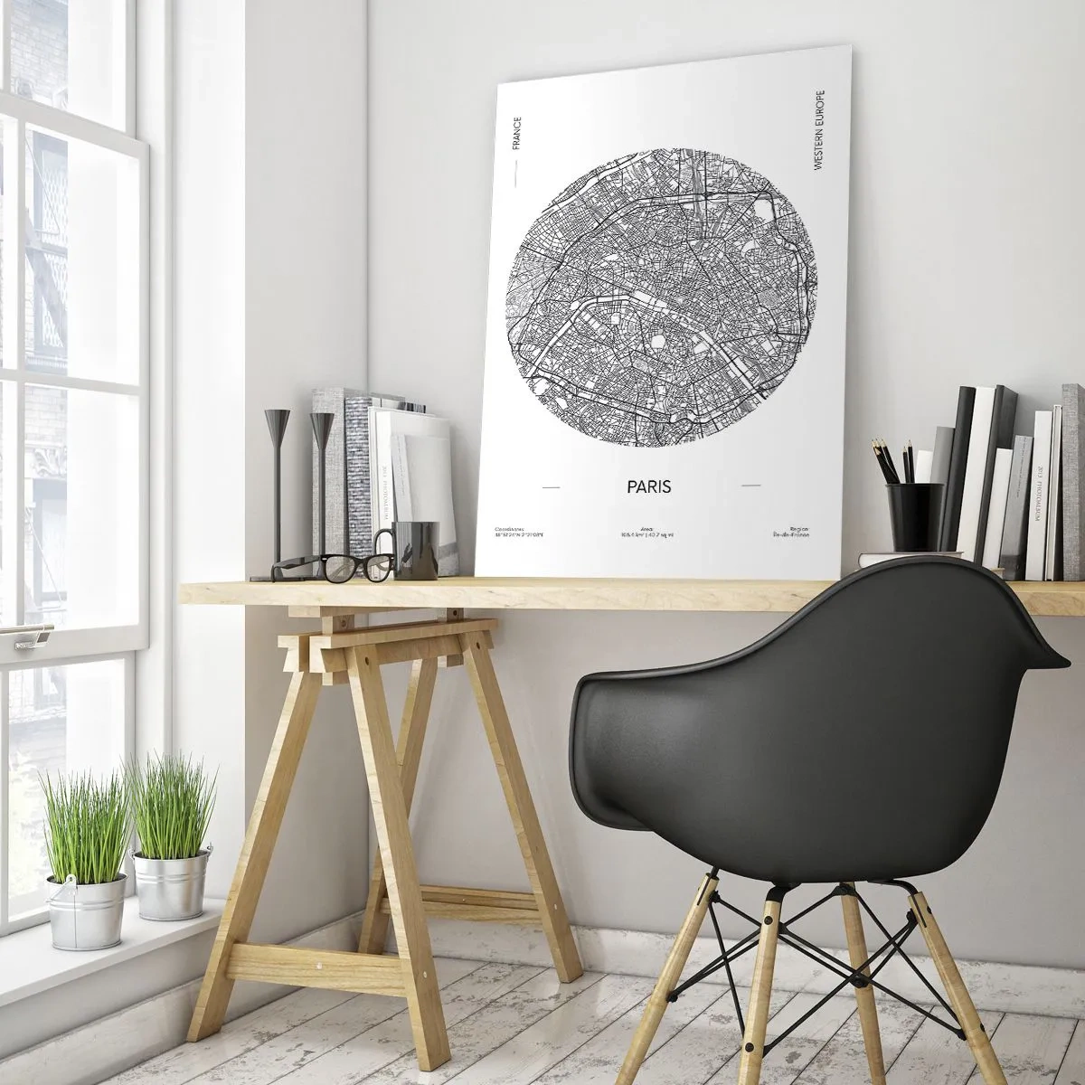 Glasbild - Bild auf glas - Eine kreisförmige Karte von Paris in Schwarz-Weiß-Illustration - 50x70cm - Anatomie von Paris - Moderne Wanddekoration für Wohnzimmer und Schlafzimmer ARTTOR
