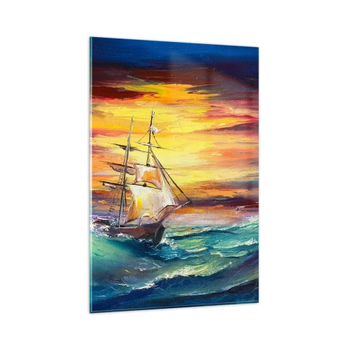 Glasbild - Bild auf glas - Ein Segelschiff vor der Kulisse eines farbenfrohen Sonnenuntergangs - 80x120cm - Tapfer unter den Wellen - Moderne Wanddekoration für Wohnzimmer und Schlafzimmer ARTTOR