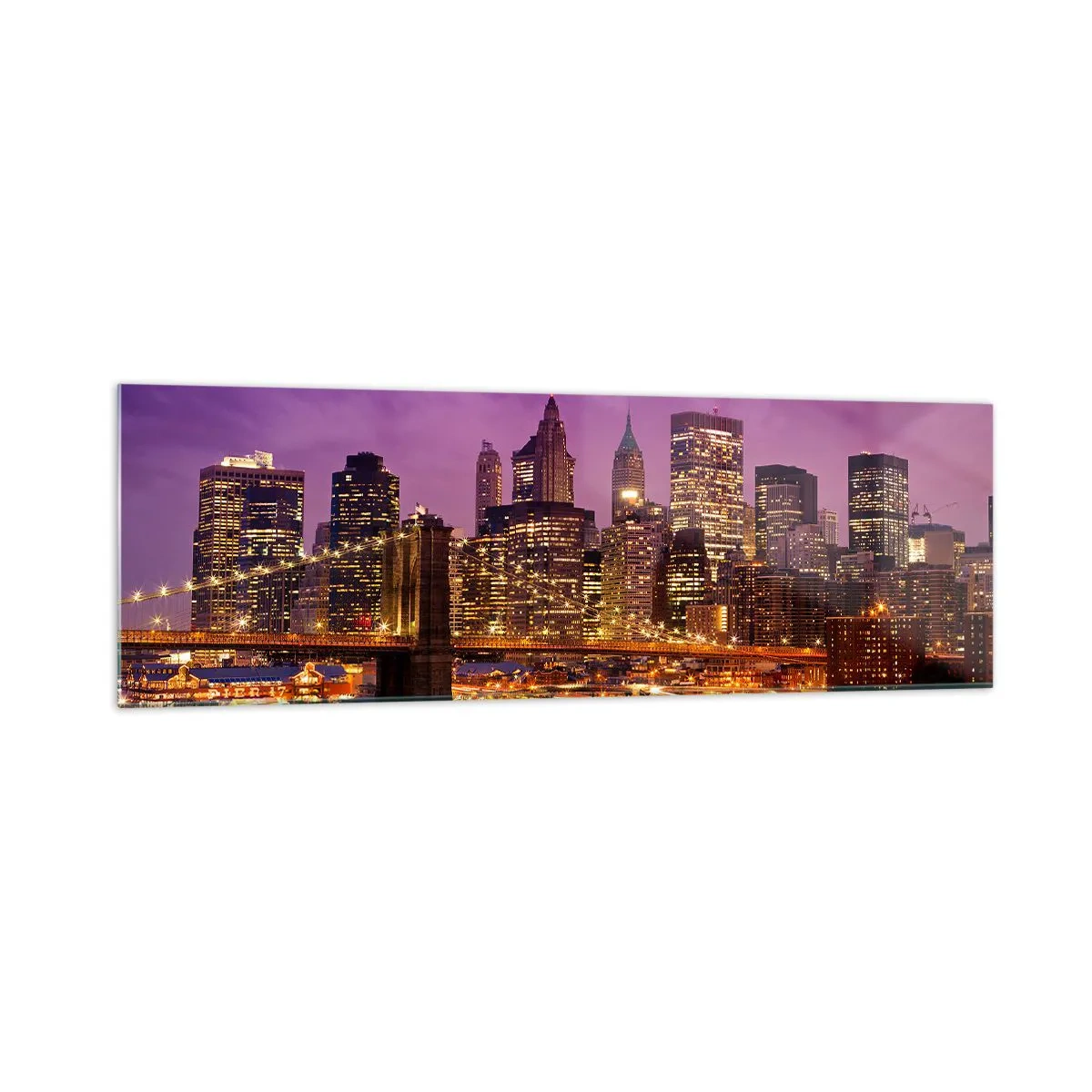 Glasbild - Bild auf glas - Panorama der Stadt mit der Brücke im Abendlicht vor dem violetten Himmel - 160x50cm - Violett-goldenes Manhathann - Moderne Wanddekoration für Wohnzimmer und Schlafzimmer ARTTOR