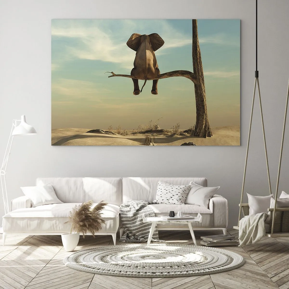 Glasbild - Bild auf glas - Ein Elefant auf einem Ast in einer surrealen Umgebung - 70x50cm - Neuer Blickwinkel - Moderne Wanddekoration für Wohnzimmer und Schlafzimmer ARTTOR