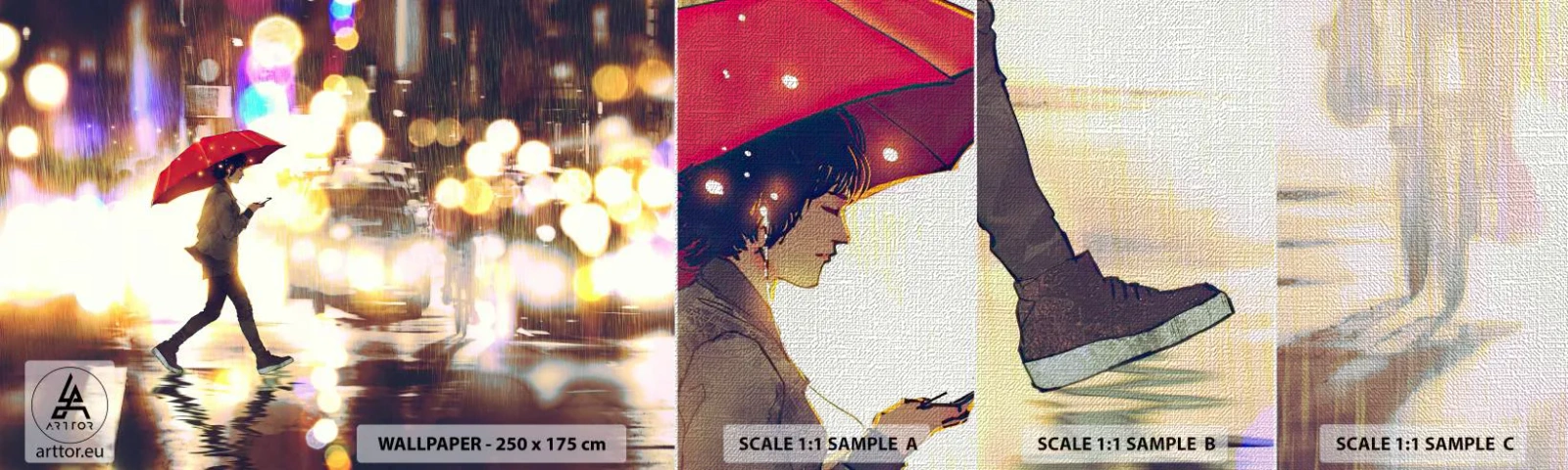 Fototapeten Muster Premium Canvas - Und doch sonnig - Stadt, Im Regen spazieren gehen, Regenschirm - 100x30 cm