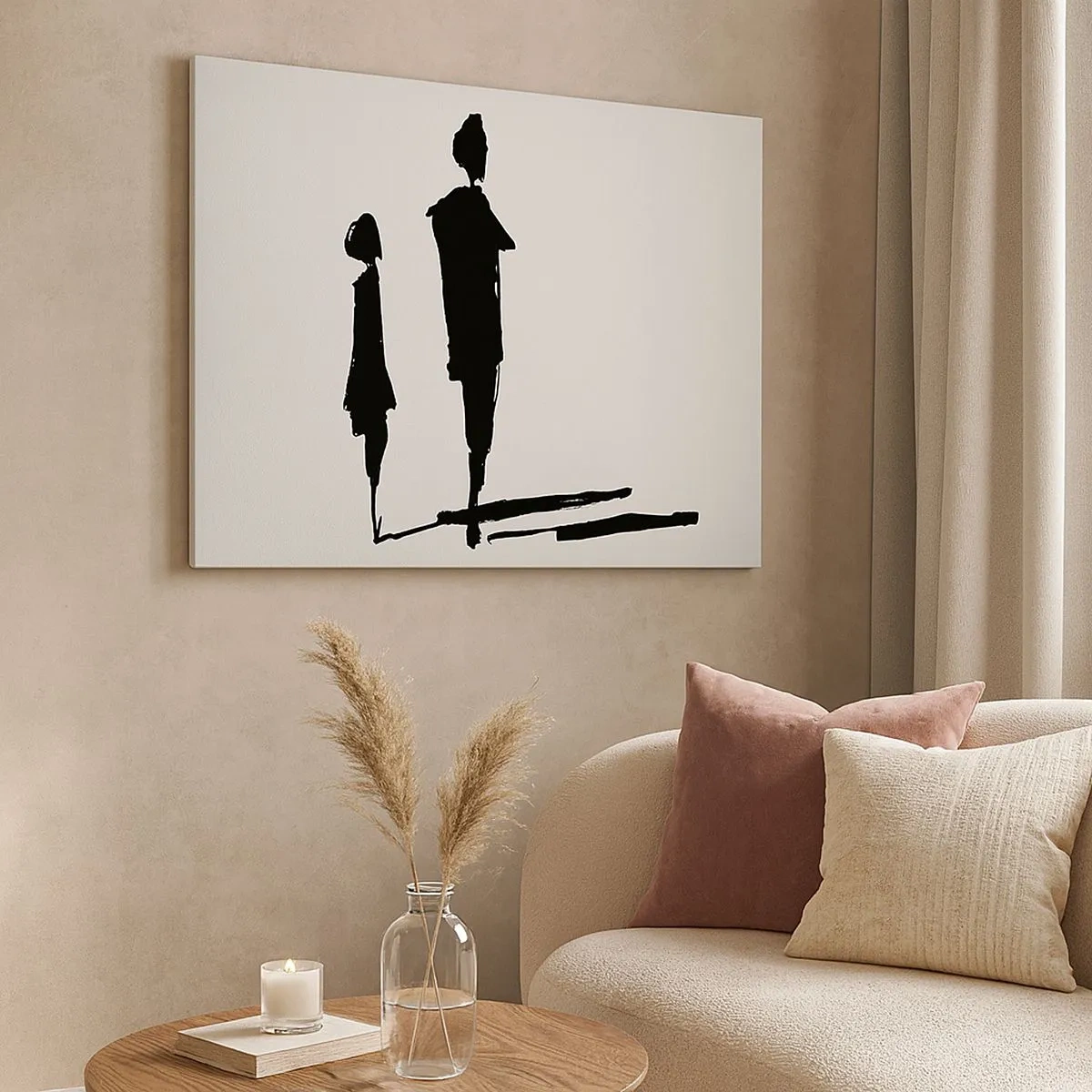 Bild auf Leinwand - Leinwandbild - Silhouetten von zwei Menschen in Schwarz auf hellem Hintergrund - 70x50cm - Mit Sicherheit zusammen? - Moderne Wanddekoration für Wohnzimmer und Schlafzimmer ARTTOR