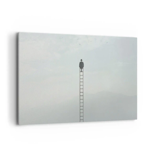 Bild auf Leinwand - Leinwandbild - Ein Mann auf einer Leiter, die in den Himmel ragt - 100x70cm - Erhebe dich darüber! - Moderne Wanddekoration für Wohnzimmer und Schlafzimmer ARTTOR