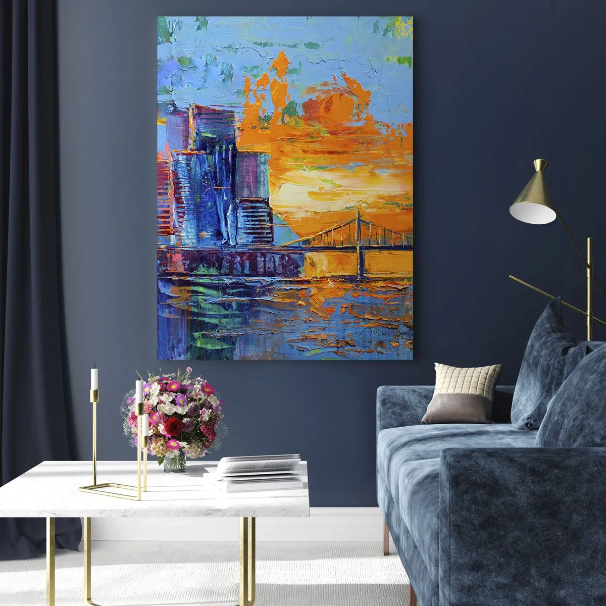 Glasbild - Bild auf glas - Eine farbenfrohe Stadt mit einer Brücke in der untergehenden Sonne - 80x120cm - Kultur und Natur - Moderne Wanddekoration für Wohnzimmer und Schlafzimmer ARTTOR