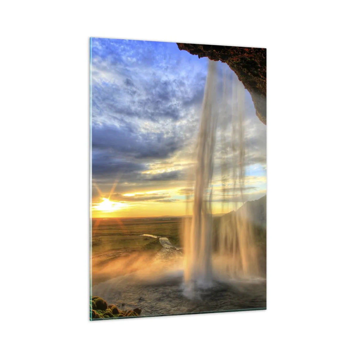 Glasbild - Bild auf glas - Wasserfall mit Blick auf den Sonnenuntergang und das Tal - 50x70cm - Die Welt hinter einem Schleier aus Tropfen - Moderne Wanddekoration für Wohnzimmer und Schlafzimmer ARTTOR