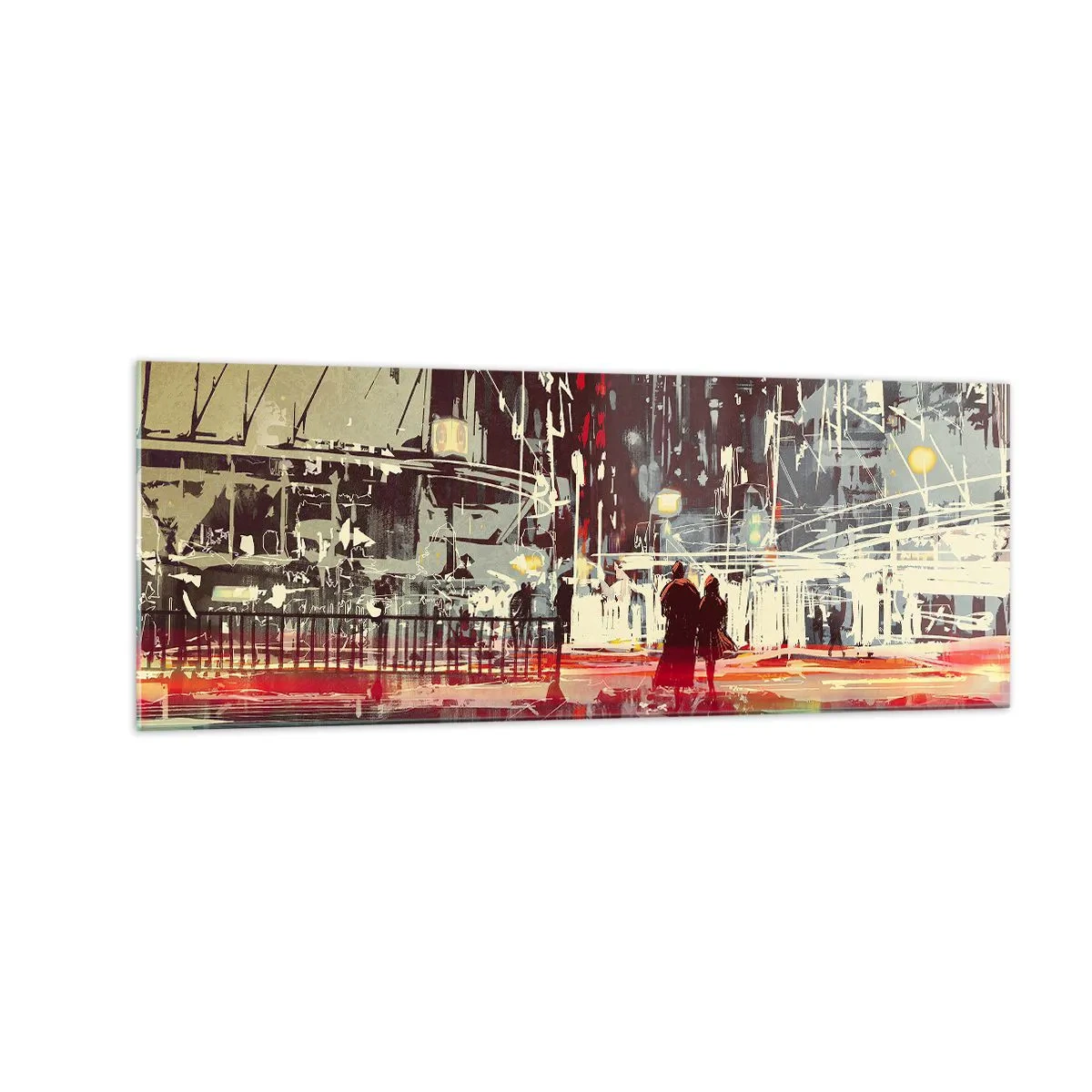 Glasbild - Bild auf glas - Stadt bei Nacht mit Neonlichtern und Silhouetten von Menschen auf der Straße - 140x50cm - Eine große Stadtüberquerung - Moderne Wanddekoration für Wohnzimmer und Schlafzimmer ARTTOR