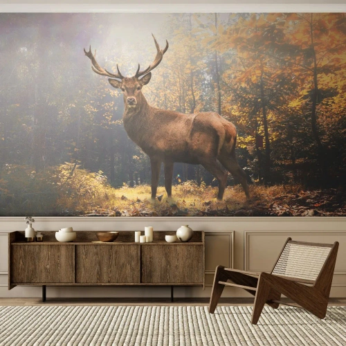 Fototapete Premium Sand - Ein stattlicher Hirsch in einem herbstlichen Wald, der vom Sonnenlicht beleuchtet wird - 100x70cm - In voller Majestät - Moderne Wanddekoration für Wohnzimmer und Schlafzimmer ARTTOR