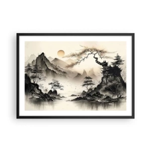 Poster in einem schwarzem Rahmen - Eine orientalische Landschaft mit Bergen und einer Pagode in zarten Farbtönen. - 70x50cm - Einzigartiger Charme des Orients - Moderne Wanddekoration für Wohnzimmer und Schlafzimmer ARTTOR