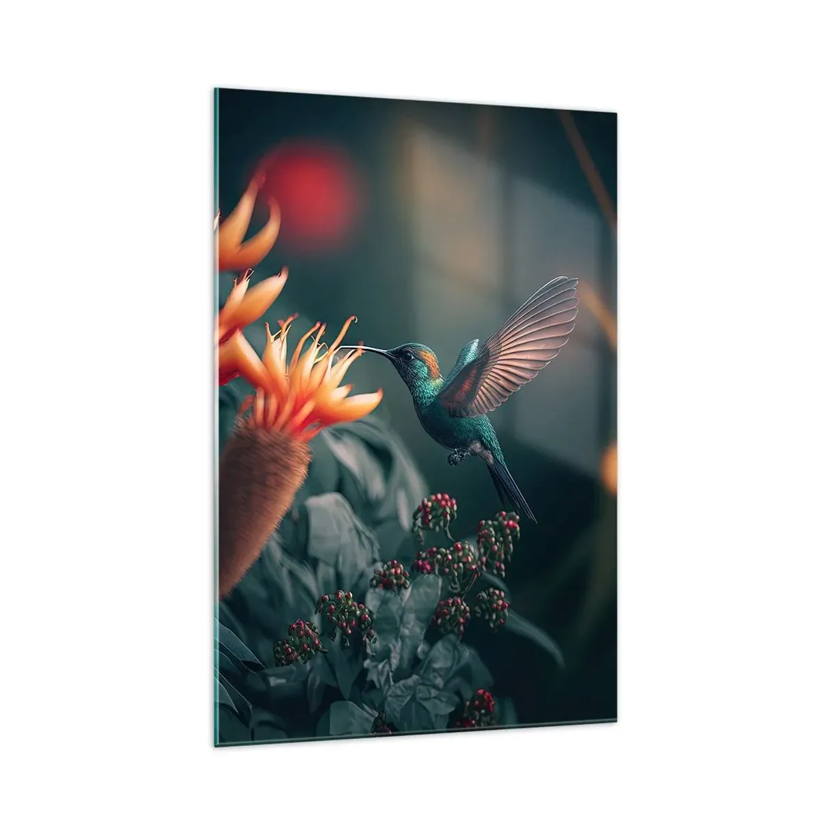 Glasbild - Bild auf glas - Ein bunter Kolibri neben Blumen vor einem natürlichen Hintergrund - 70x100cm - Wirklich buntes Leben - Moderne Wanddekoration für Wohnzimmer und Schlafzimmer ARTTOR