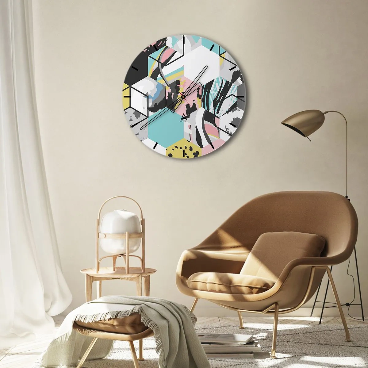 Wanduhr - Glasuhr - Abstrakte Sechsecke in Pastellfarben - 30x30cm - Sechsecke und Würfel in sechs Farben - Moderne Wanddekoration für Wohnzimmer, Küche und Schlafzimmer ARTTOR