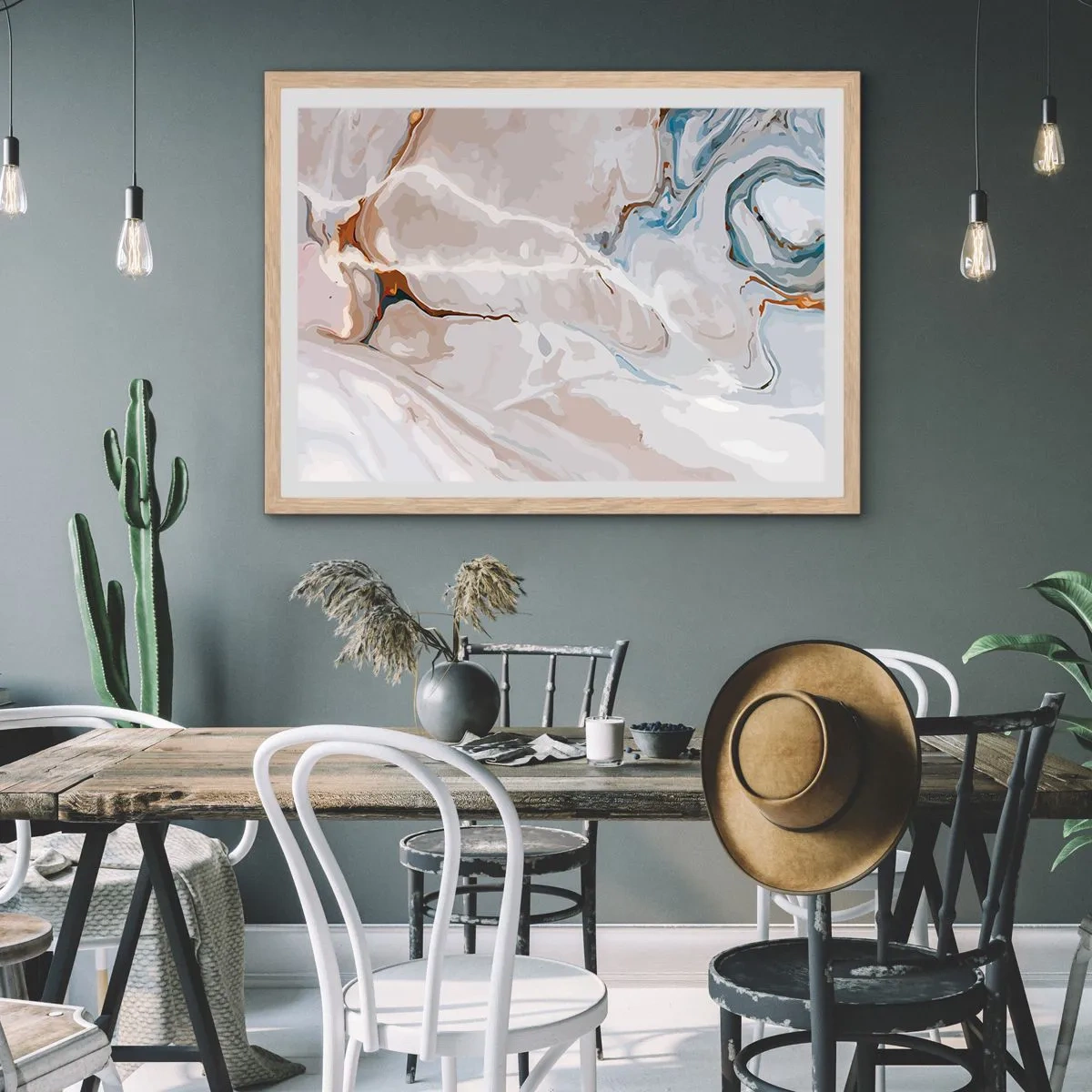 Poster in einem Rahmen aus heller Eiche - Blau schlängelt sich unter dem Weiß - 100x70 cm