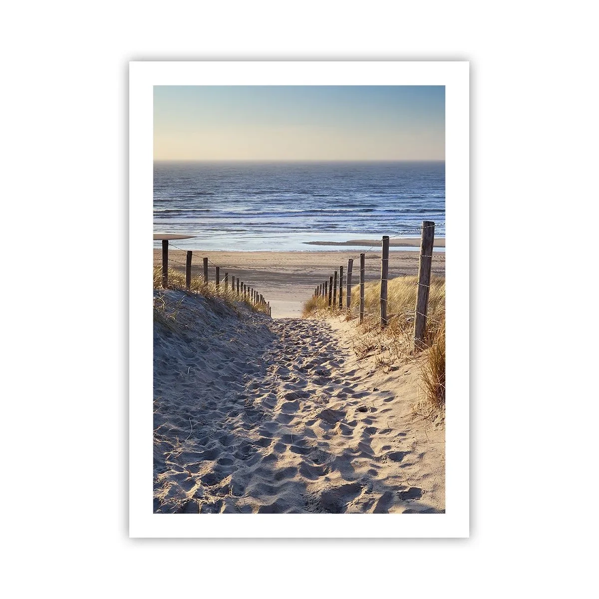 Poster - Weg durch die Dünen zum Strand bei Sonnenuntergang - 50x70cm - Das Rauschen des Meeres, der Gesang der Vögel, ein wilder Strand im Gras ... - Moderne Wanddekoration für Wohnzimmer und Schlafzimmer ARTTOR