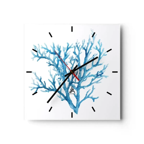 Wanduhr - Glasuhr - Blaue Koralle auf weißem Hintergrund mit minimalistischem Flair - 30x30cm - Nautisches Filigran - Moderne Wanddekoration für Wohnzimmer und Schlafzimmer ARTTOR