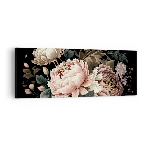 Bild auf Leinwand - Leinwandbild - Ein Strauß rosa Blumen und Schmetterlinge auf schwarzem Hintergrund - 140x50cm - Im Barockstil - Moderne Wanddekoration für Wohnzimmer und Schlafzimmer ARTTOR