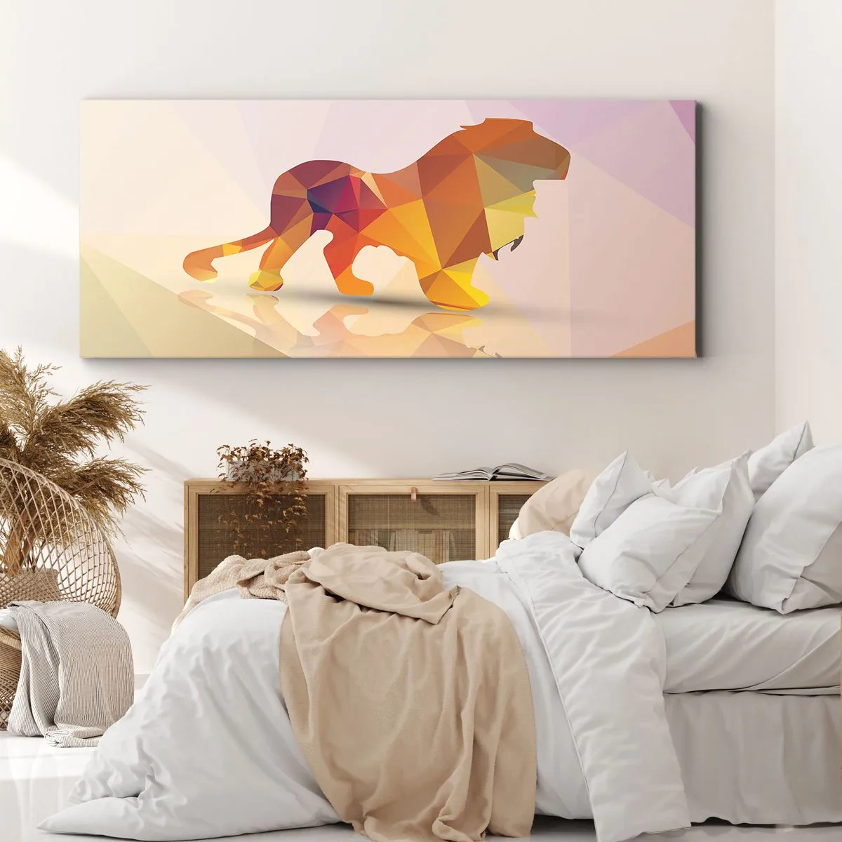 Bild auf Leinwand - Leinwandbild - Geometrische Silhouette eines Löwen in Gelb- und Orangetönen - 140x50cm - Der Diamantenkönig - Moderne Wanddekoration für Wohnzimmer und Schlafzimmer ARTTOR