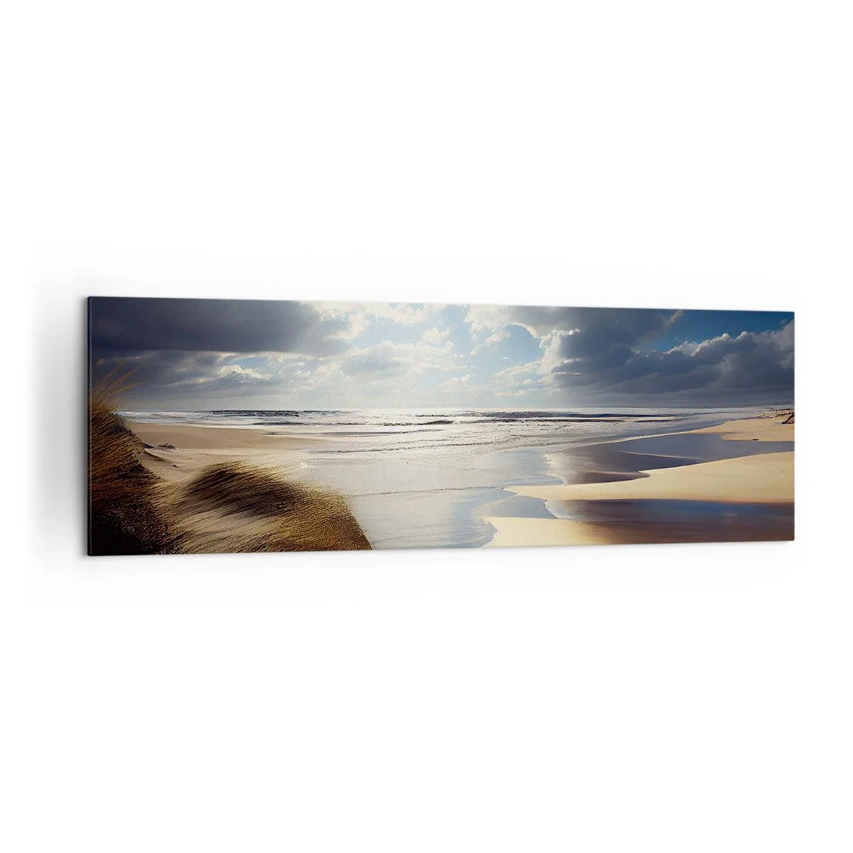 Bild auf Leinwand - Leinwandbild - Ein wilder Strand mit Dünen und blauem Himmel - 160x50cm - Strand, wilder Strand - Moderne Wanddekoration für Wohnzimmer und Schlafzimmer ARTTOR