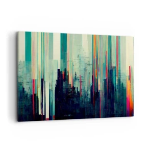 Bild auf Leinwand - Leinwandbild - Abstraktion mit vertikalen Linien und einer Stadtsilhouette - 100x70cm - Futuristische Stadt - Moderne Wanddekoration für Wohnzimmer und Schlafzimmer ARTTOR