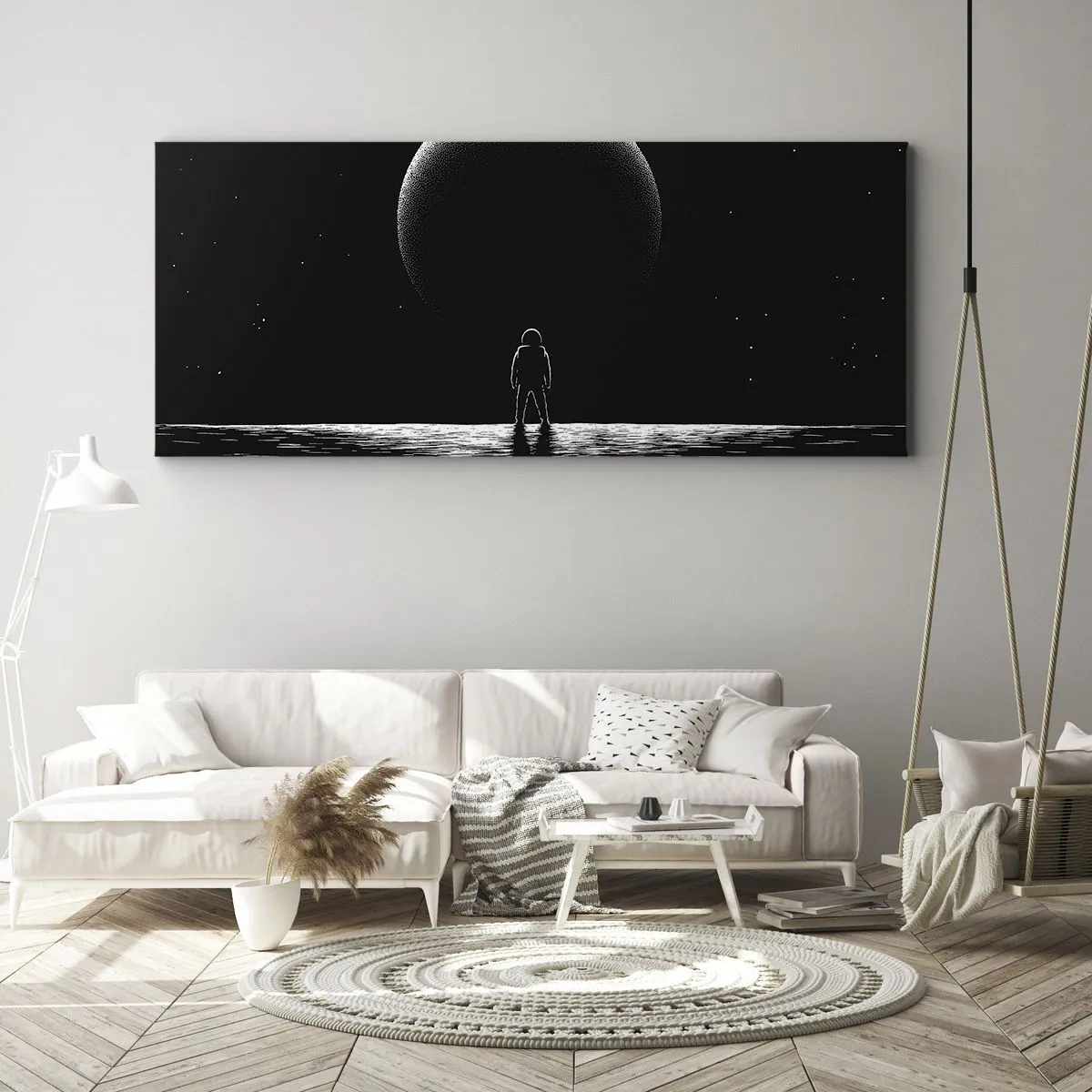 Bild auf Leinwand - Leinwandbild - Ein Astronaut vor dem Hintergrund eines großen Planeten im Weltraum - 120x50cm - Angesicht zu Angesicht - Moderne Wanddekoration für Wohnzimmer und Schlafzimmer ARTTOR