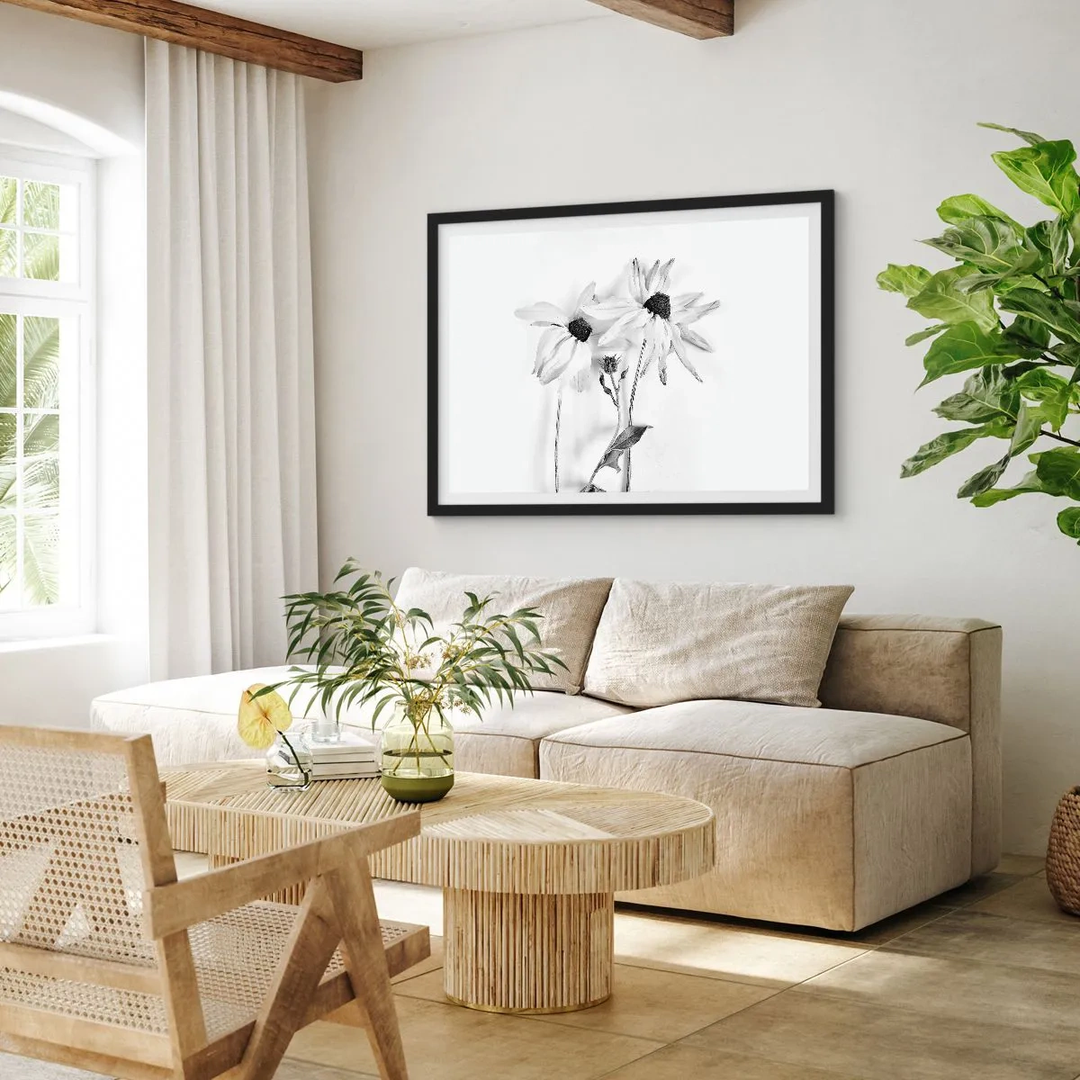 Poster in einem schwarzem Rahmen - Schwarz-weiße Blumen mit subtiler Komposition - 100x70cm - Niemand will allein sein - Moderne Wanddekoration für Wohnzimmer und Schlafzimmer ARTTOR