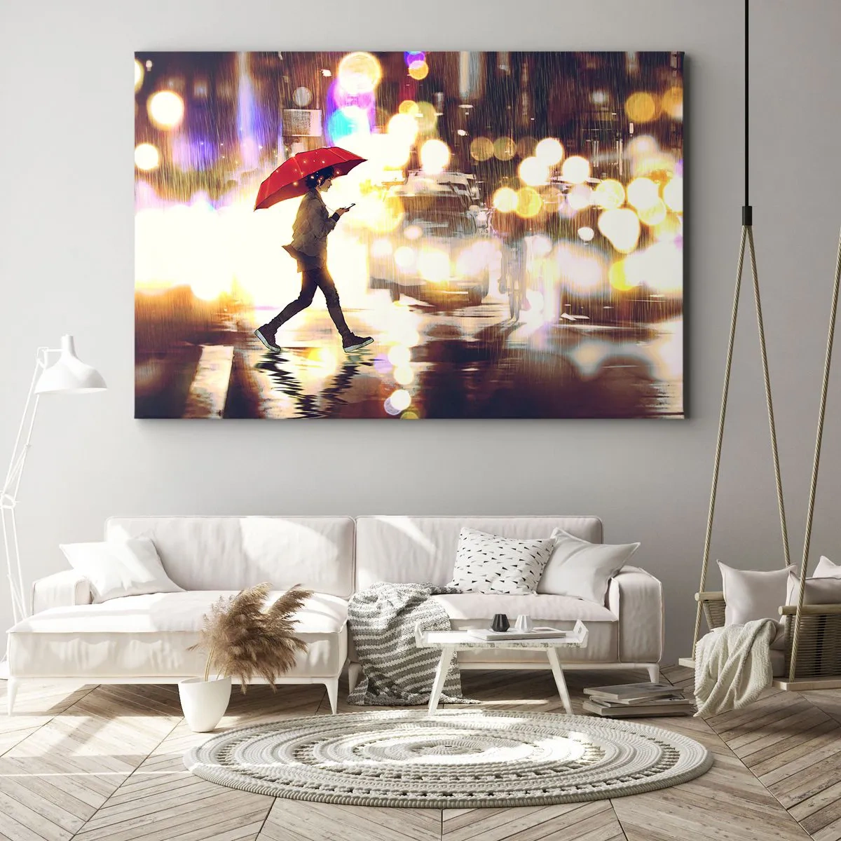 Bild auf Leinwand - Leinwandbild - Eine Figur mit einem roten Regenschirm auf der Straße im Regen - 70x50cm - Und doch sonnig - Moderne Wanddekoration für Wohnzimmer und Schlafzimmer ARTTOR