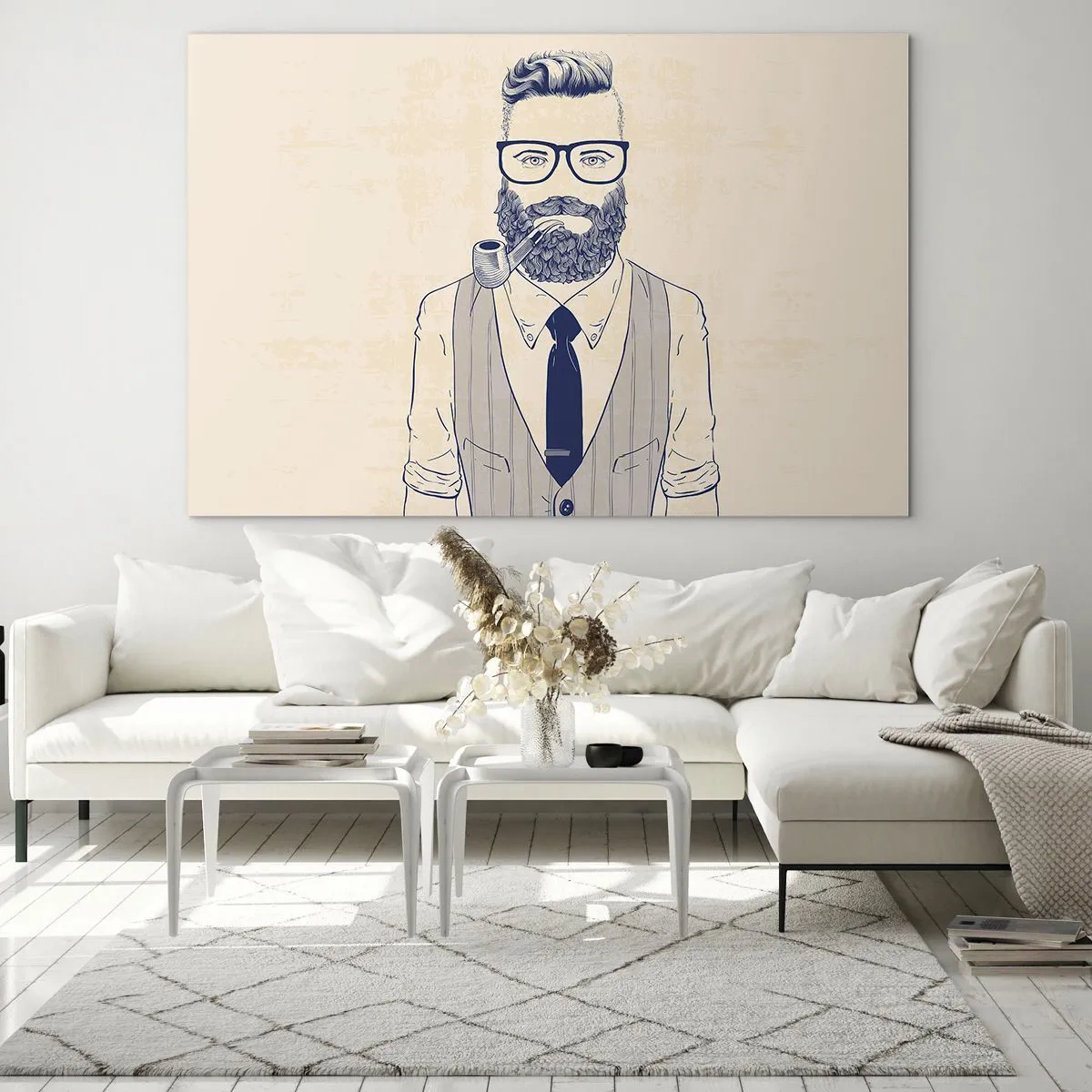 Glasbild - Bild auf glas - Ein stilisierter Mann mit Bart, Brille und Pfeife auf hellem Hintergrund. - 100x70cm - Fröhlich, maskulin und modisch - Moderne Wanddekoration für Wohnzimmer und Schlafzimmer ARTTOR