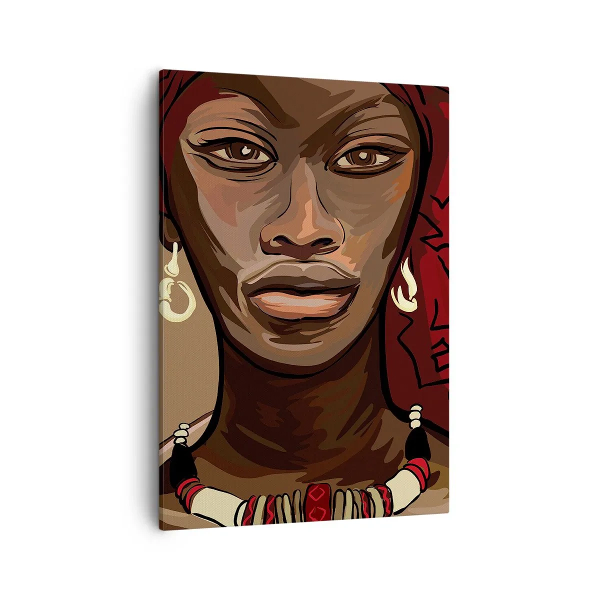 Bild auf Leinwand - Leinwandbild - Porträt einer Frau mit rotem Turban auf beigem Hintergrund - 50x70cm - Venus aus Ebenholz  - Moderne Wanddekoration für Wohnzimmer und Schlafzimmer ARTTOR