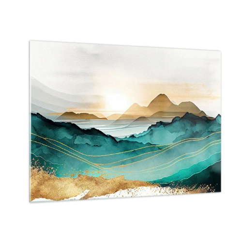 Glasbild - Bild auf glas - Eine gold- und türkisfarbene Berglandschaft im Aquarellstil. - 70x50cm - Am Rande der Abstraktion – Landschaft - Moderne Wanddekoration für Wohnzimmer und Schlafzimmer ARTTOR