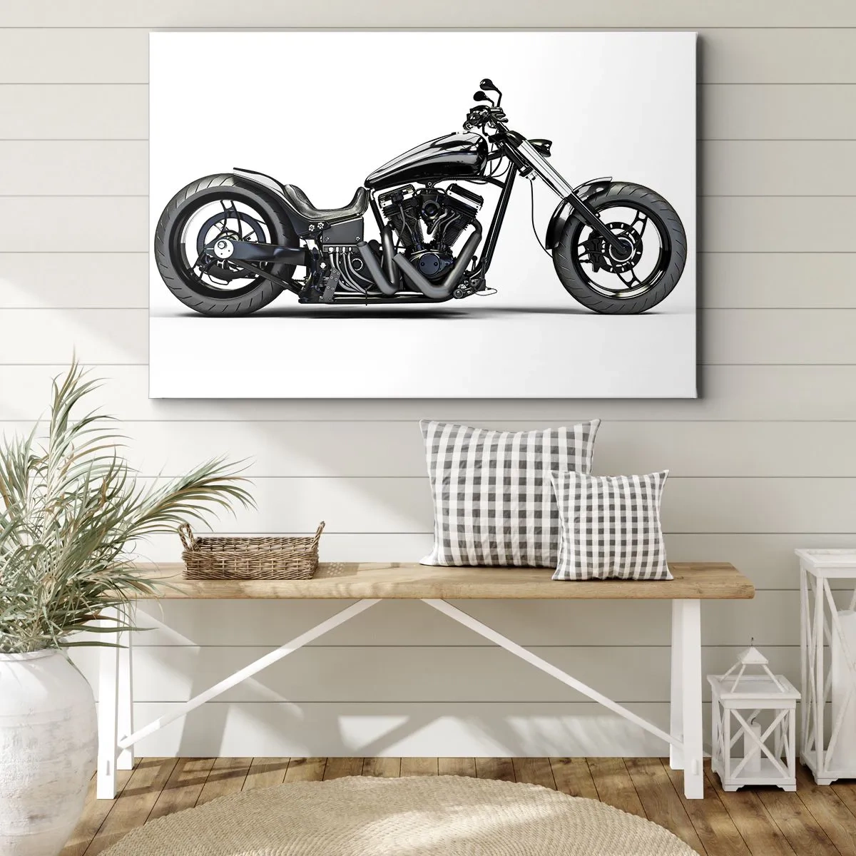 Bild auf Leinwand - Leinwandbild - Stilvolles schwarzes Custom-Motorrad auf weißem Hintergrund - 120x80cm - Für alle, die die Freiheit lieben - Moderne Wanddekoration für Wohnzimmer und Schlafzimmer ARTTOR