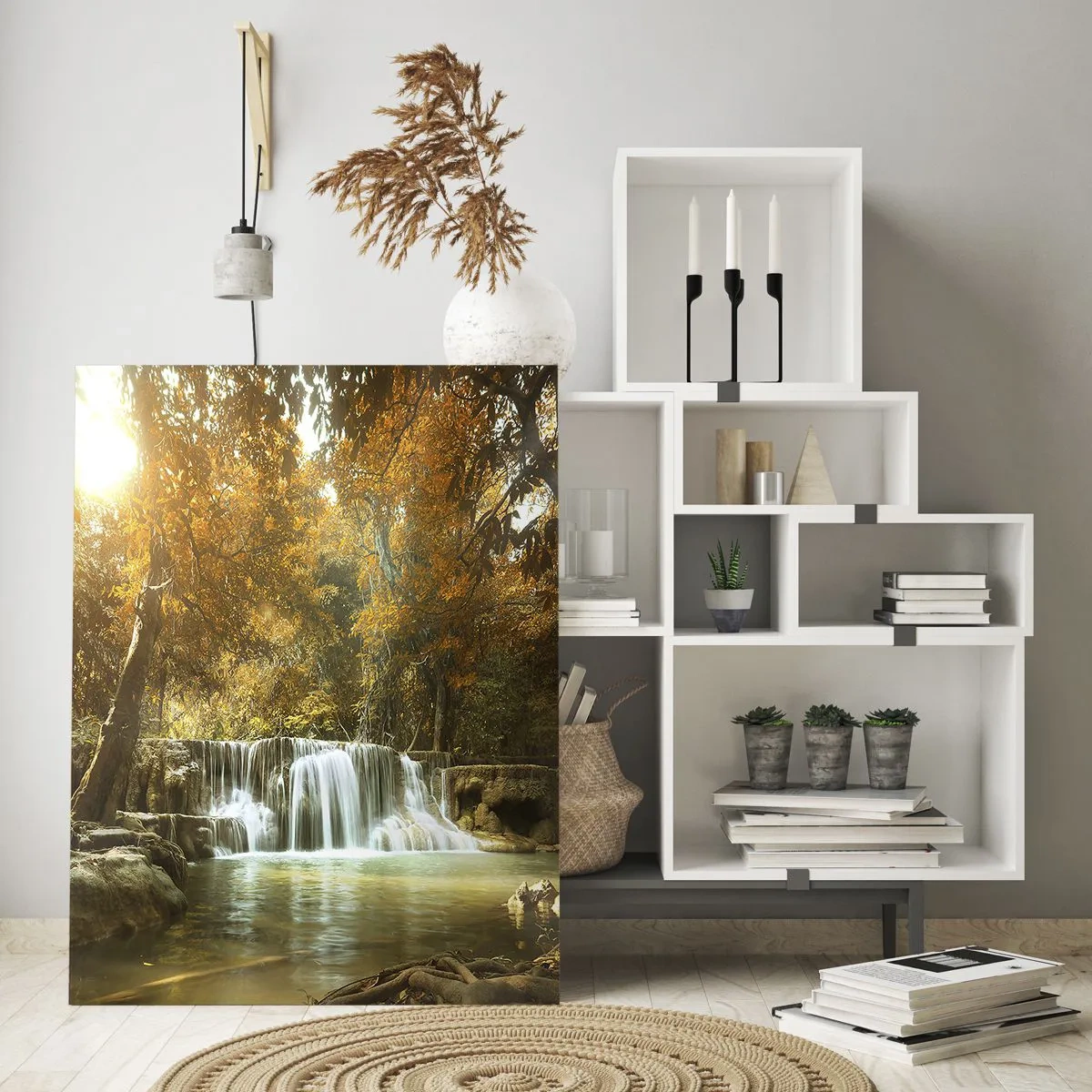 Glasbild - Bild auf glas - Herbstlandschaft mit Wasserfall - 70x100cm - Parkkaskade - Moderne Wanddekoration für Wohnzimmer und Schlafzimmer ARTTOR