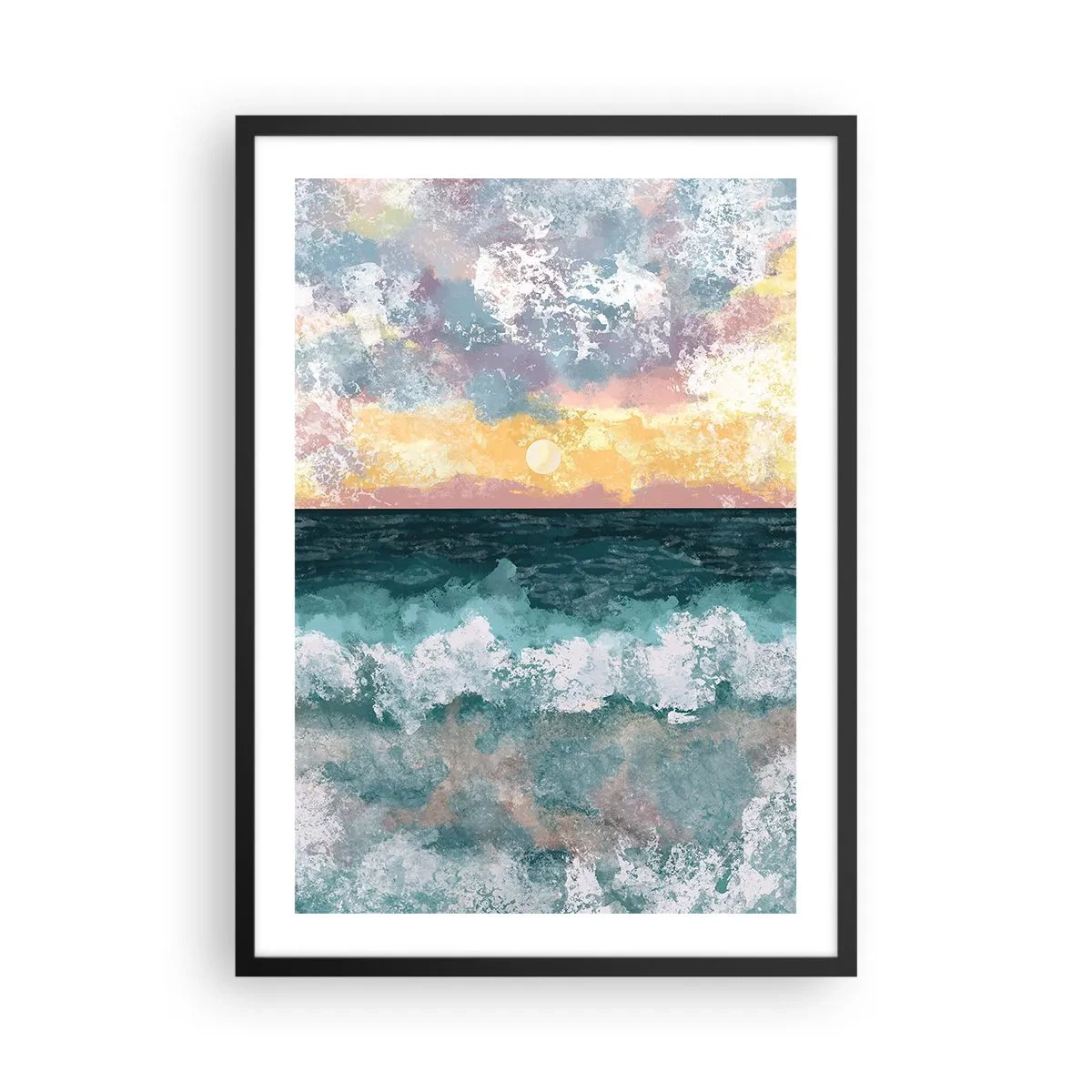 Poster in einem schwarzem Rahmen - Meereswellen und Sonnenuntergang im Aquarellstil - 50x70cm - Wasser, Licht, Luft - Moderne Wanddekoration für Wohnzimmer und Schlafzimmer ARTTOR