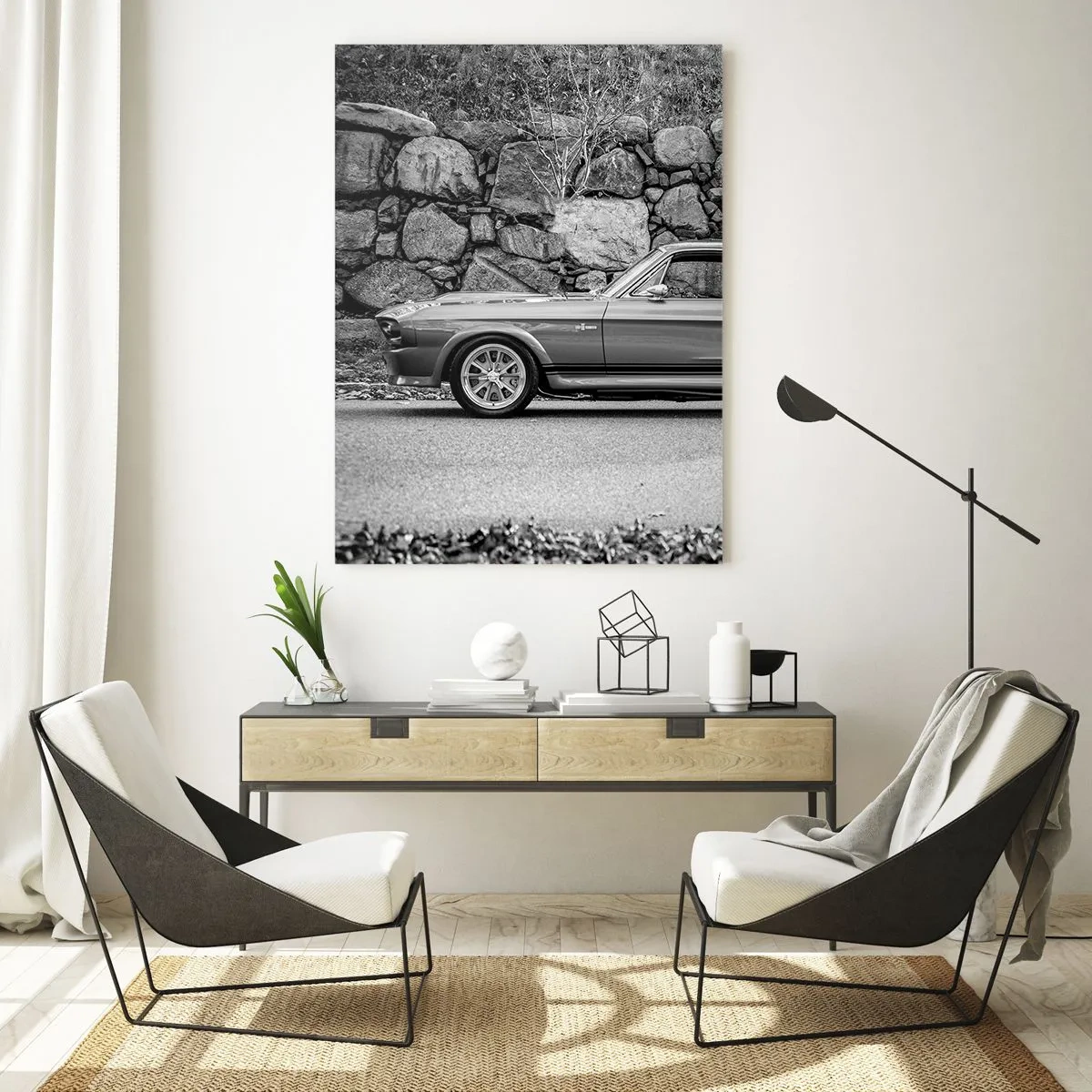 Glasbild - Bild auf glas - Ein Oldtimer vor einer Steinmauer - 50x70cm - Die Legende der 1960er - Moderne Wanddekoration für Wohnzimmer und Schlafzimmer ARTTOR