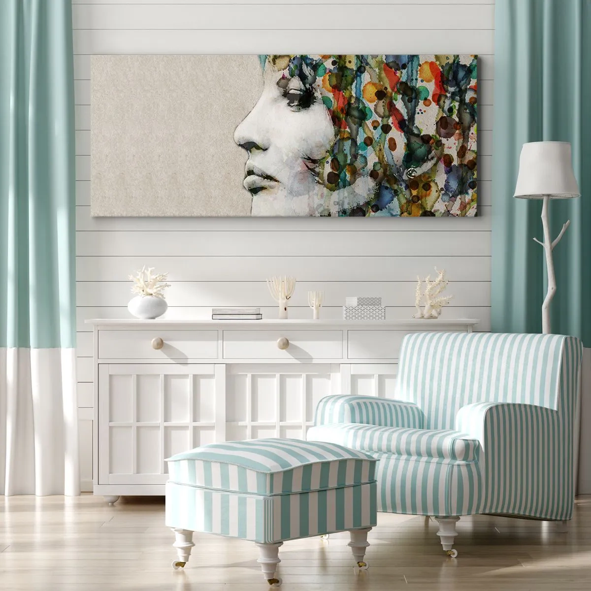 Bild auf Leinwand - Leinwandbild - Profil einer Frau in Aquarellfarben mit abstraktem Hintergrund - 160x50cm - Sie tauchte aus dem Grau auf - Moderne Wanddekoration für Wohnzimmer und Schlafzimmer ARTTOR