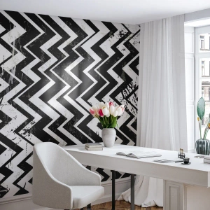 Fototapete Premium Sand - Schwarz-weißes Zickzack-Muster mit Used-Effekt - 100x70cm - Zick-weiß, Zack-schwarz - Moderne Wanddekoration für Wohnzimmer und Schlafzimmer ARTTOR