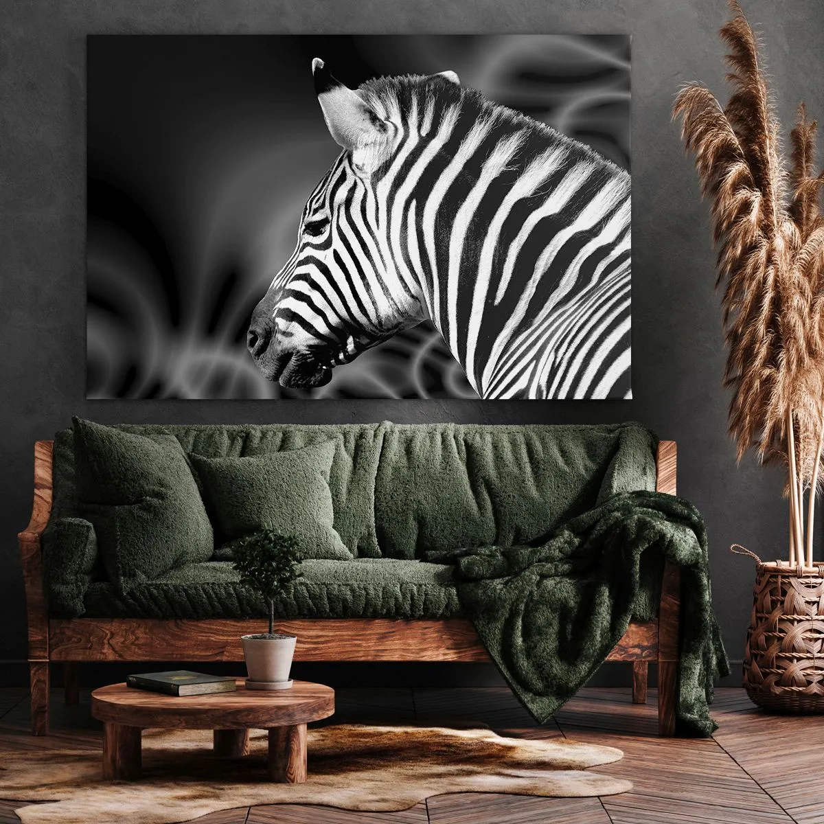 Bild auf Leinwand - Leinwandbild - Schwarz-Weiß-Porträt eines Zebras vor einem Hintergrund abstrakter Muster. - 70x50cm - Weiß ist weiß und schwarz ist schwarz - Moderne Wanddekoration für Wohnzimmer und Schlafzimmer ARTTOR