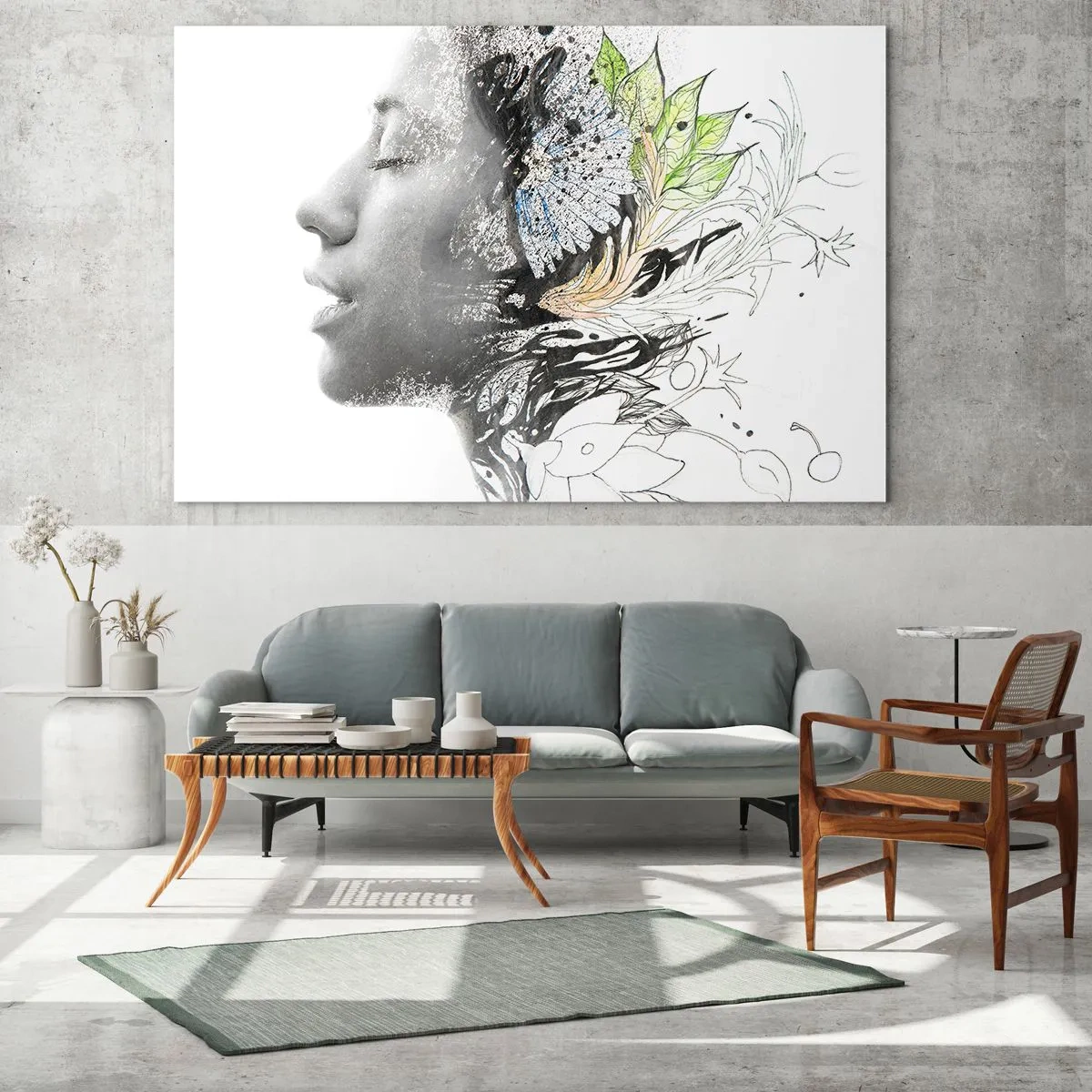 Glasbild - Bild auf glas - Frauenprofil mit Naturmotiven im monochromen Stil - 120x80cm - Eingebettet in der Natur - Moderne Wanddekoration für Wohnzimmer und Schlafzimmer ARTTOR