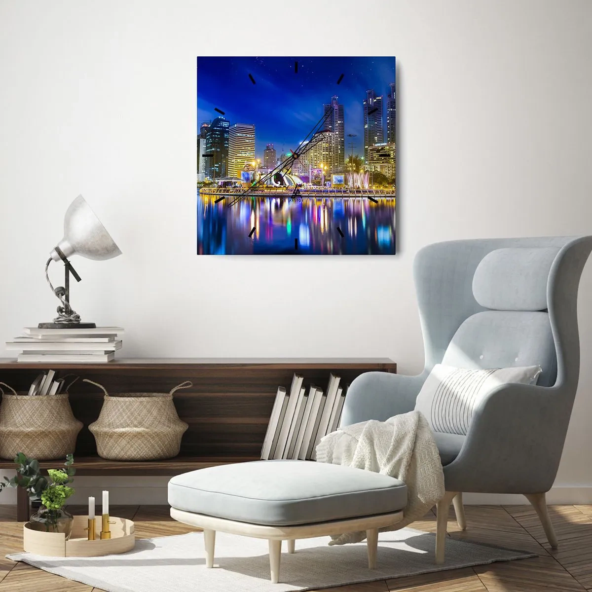 Wanduhr - Glasuhr - Metropolis bei Regenbogennacht - 30x30 cm