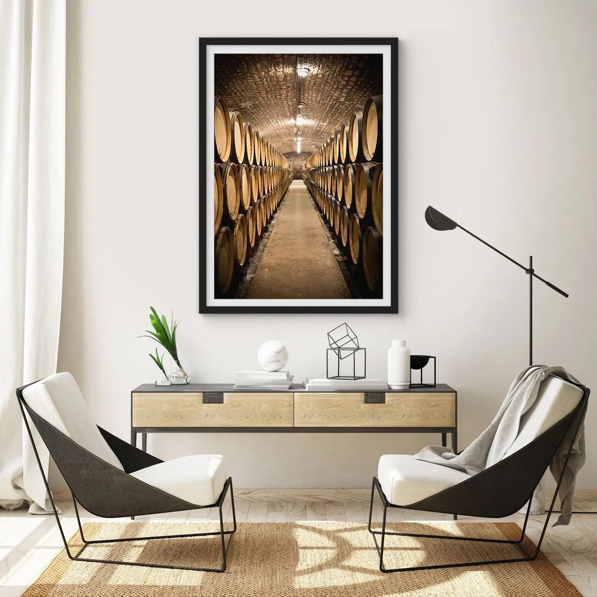 Poster in einem schwarzem Rahmen - Ein Keller voller Weinfässer - 50x70cm - In einem gemauerten Keller - Moderne Wanddekoration für Wohnzimmer und Schlafzimmer ARTTOR