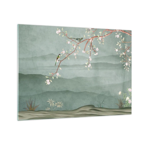 Glasbild - Bild auf glas - Ein Zweig mit Blumen und Vögeln vor dem Hintergrund grüner Hügel - 70x50cm - Frühling, oh, du bist es - Moderne Wanddekoration für Wohnzimmer und Schlafzimmer ARTTOR