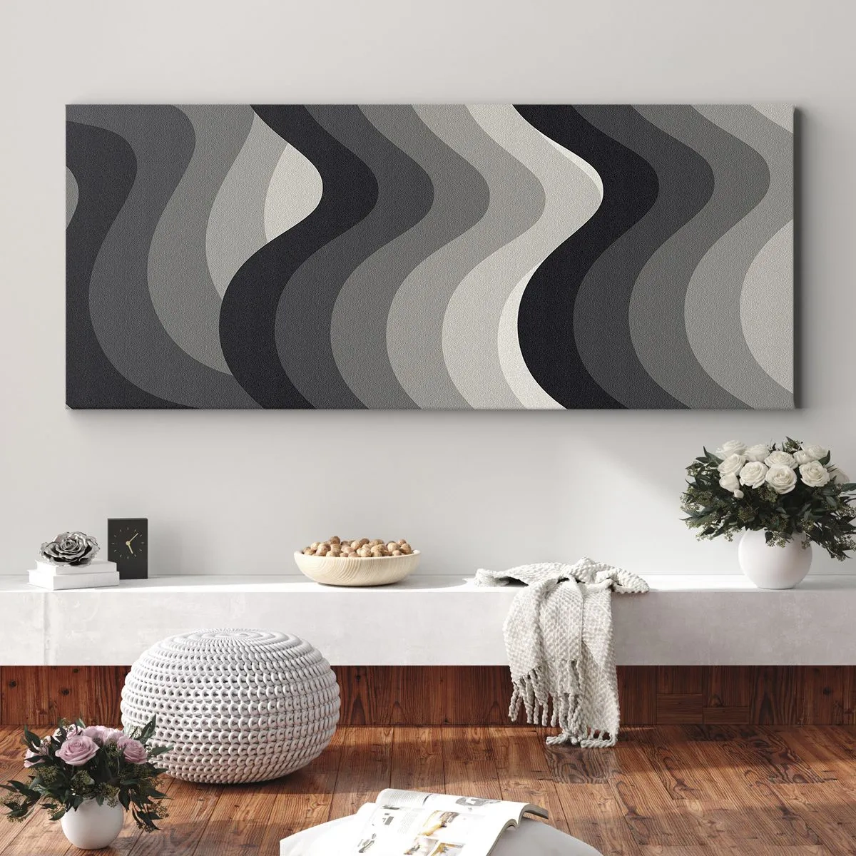 Bild auf Leinwand - Leinwandbild - Schwarz-weiße Wellenmuster in Grautönen - 160x50cm - Eine Welle nach der anderen - Moderne Wanddekoration für Wohnzimmer und Schlafzimmer ARTTOR