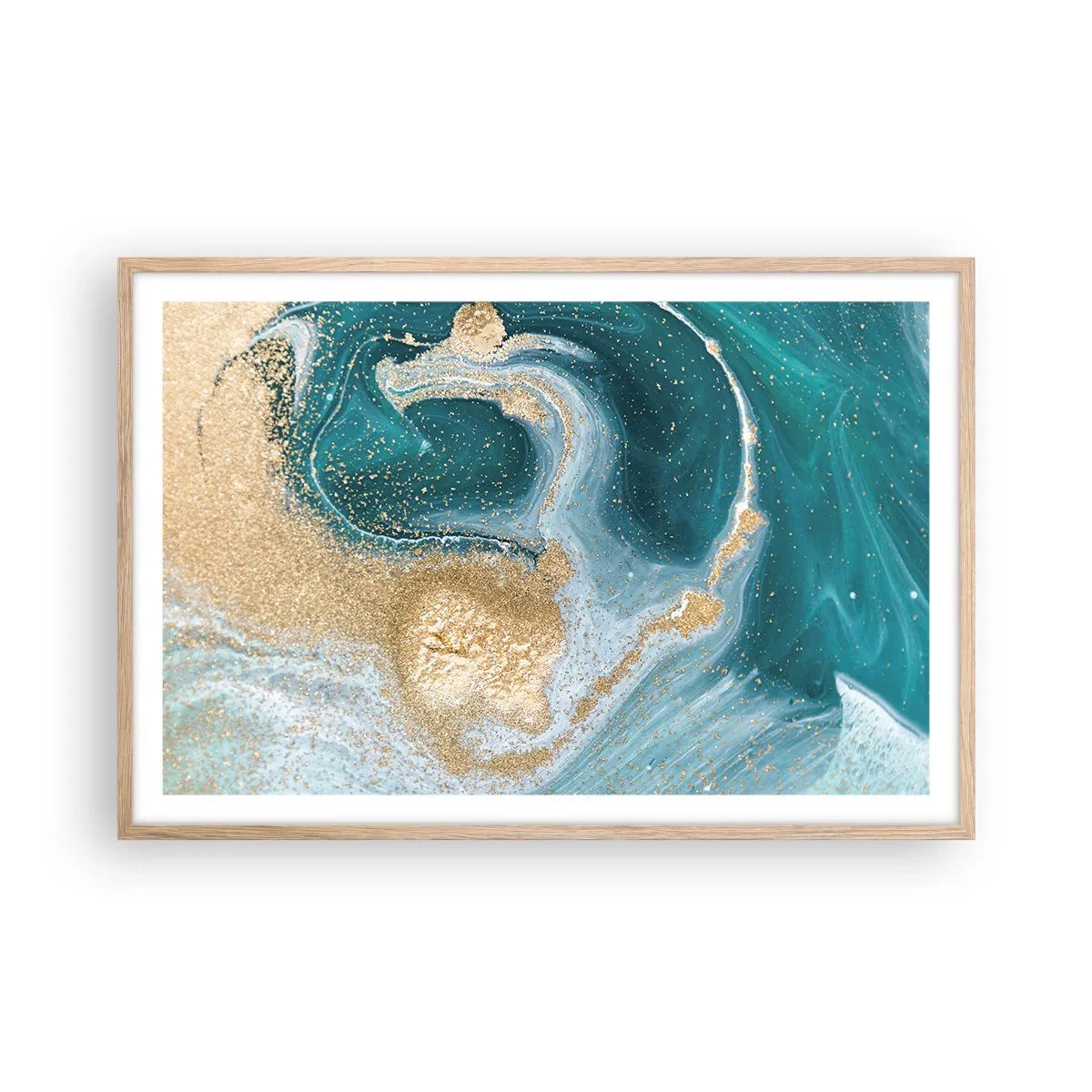 Poster in einem Rahmen aus heller Eiche - Ein Strudel aus Gold und Türkis - 91x61 cm