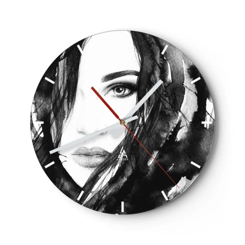 Wanduhr - Glasuhr - Porträt einer Frau in Schwarzweiß im Aquarellstil - 30x30cm - Porträt einer Dame in Schwarzweiß - Moderne Wanddekoration für Wohnzimmer, Küche und Schlafzimmer ARTTOR