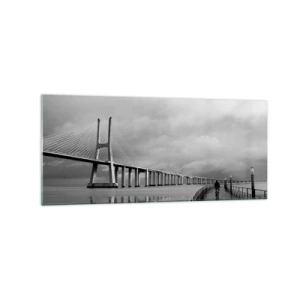 Glasbild - Bild auf glas - Eine Hängebrücke über dem Wasser in Schwarz und Weiß - 120x50cm - Jedem das Verdiente - Moderne Wanddekoration für Wohnzimmer und Schlafzimmer ARTTOR