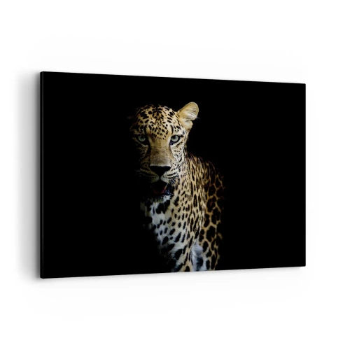Bild auf Leinwand - Leinwandbild - Ein Leopard auf dunklem Hintergrund mit intensivem Blick - 100x70cm - Dunkle Schönheit - Moderne Wanddekoration für Wohnzimmer und Schlafzimmer ARTTOR
